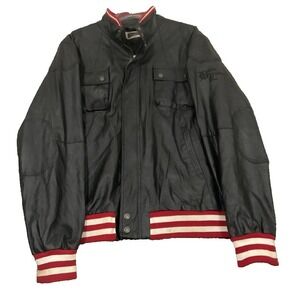 Vtg Blac Label Full Zip Black Red PU Leather Bomber Jacket 2XL Y2K